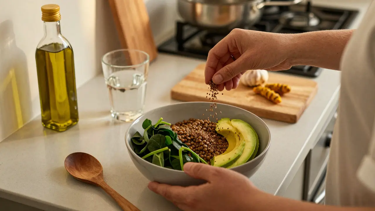 Ruka nalévá luskoviny do mísy s avokádem a lněnými semínky.