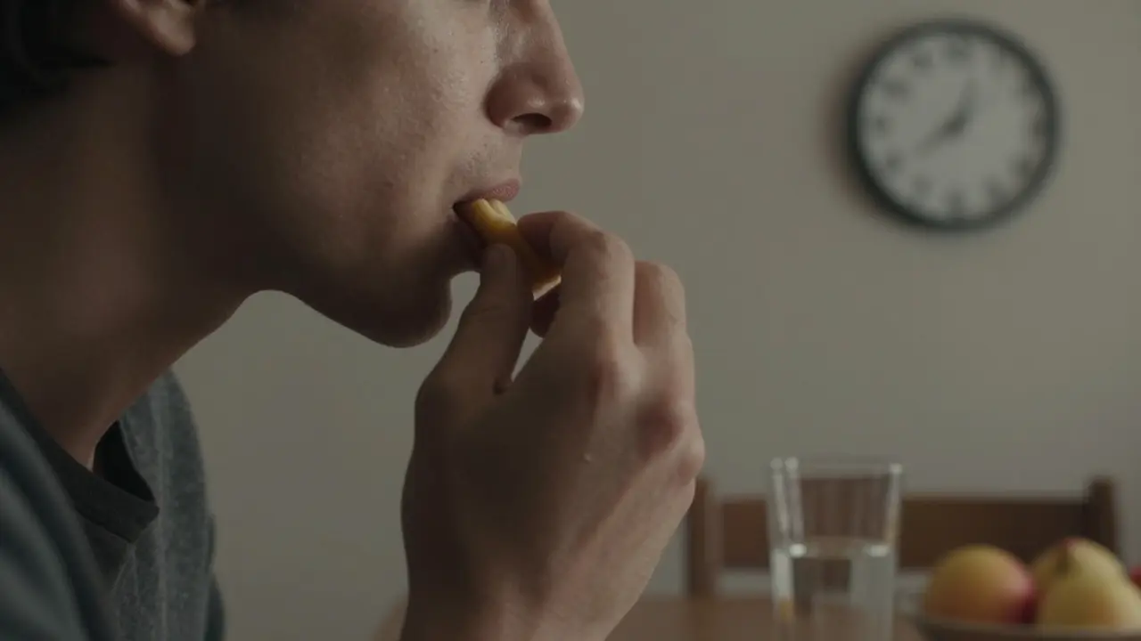 Ruka pomalu žvýká kousek jídla, na pozadí je hodiny ukazující 19:15.