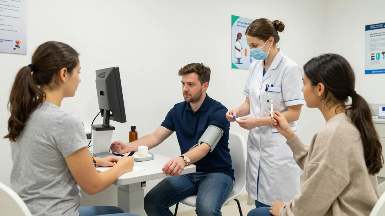 Různí lidé podstupují cílené preventivní vyšetření ve veřejném zdravotnickém zařízení.