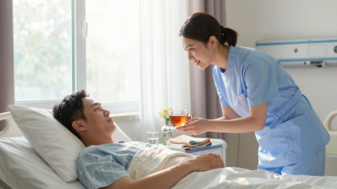 Sestra podává pacientovi po operaci čaj a ledový kousek v pokoji na obnově, ráno.