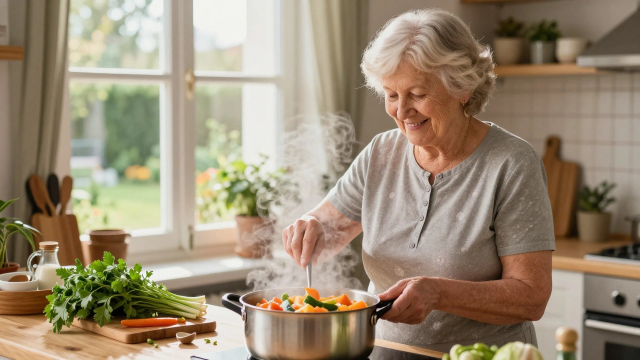 Stará žena vaří zeleninovou polévku v domácí kuchyni s čerstvými bylinkami a oknem na zahradu.