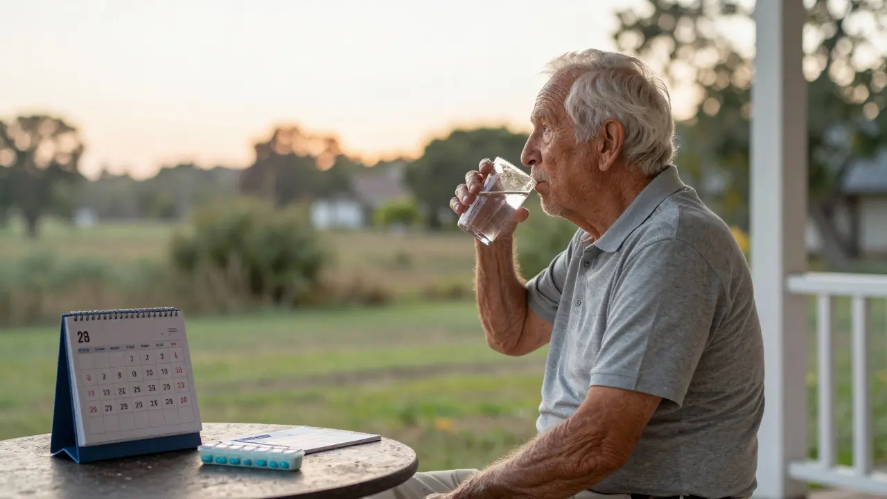 Starší muž klidně pije vodu na terase, symbolizující obnovu po operaci.