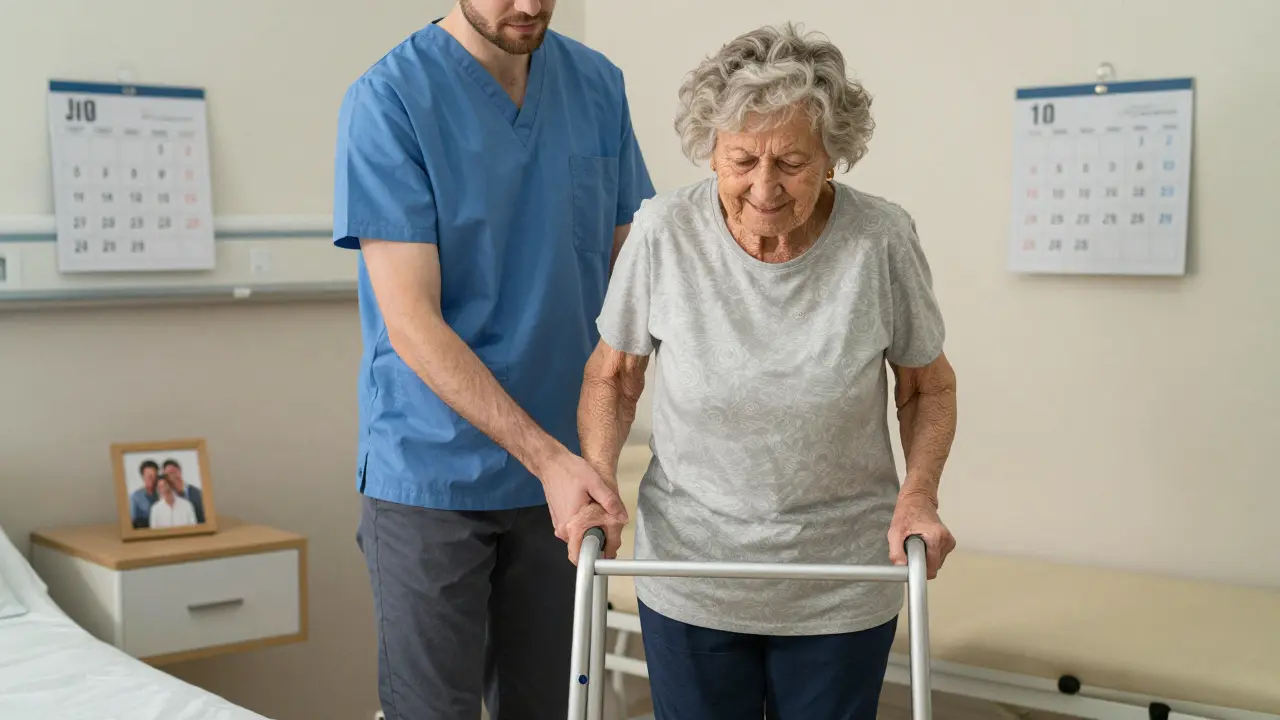 Starší žena kročí s podpěrou po operaci kyčle pod dohledem terapeuta.