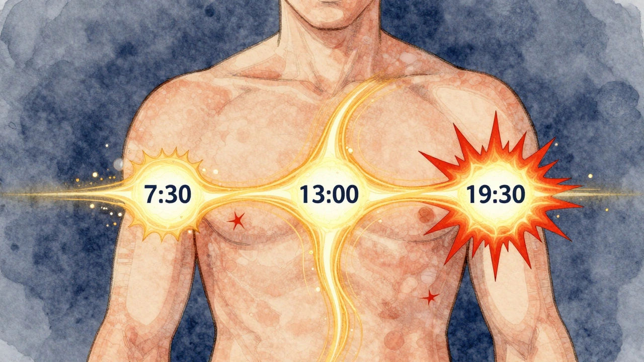 Stylizovaný náčrt lidského těla s třemi rovnoměrně rozloženými jídly během dne a stabilní energií mezi nimi.