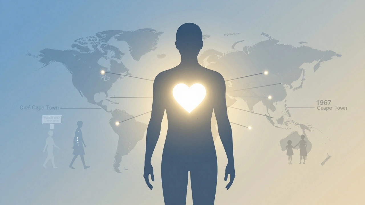 Symbolická představa transplantace srdce spojující minulost s moderní medicínou.