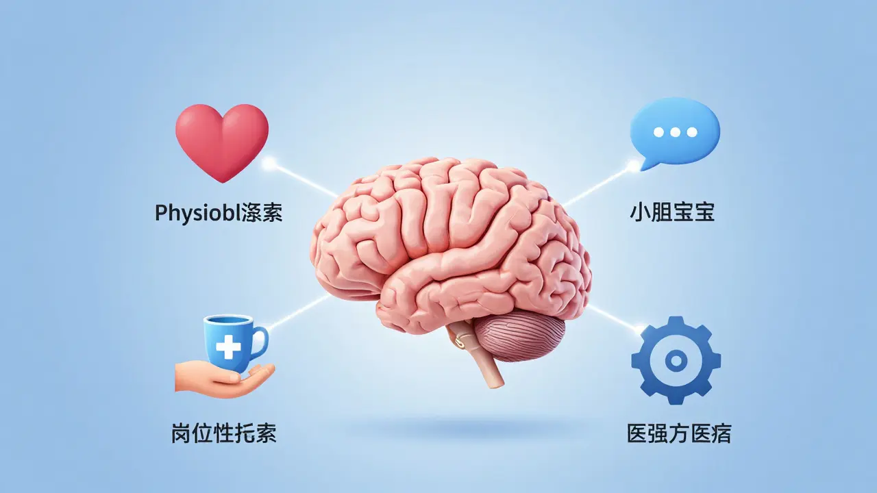 Symbolická vizualizace spolupráce různých specialistů při rehabilitaci mozku a těla.