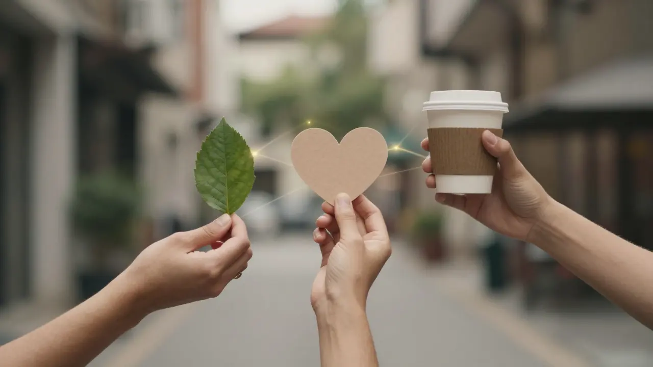 Tři ruce se spojují, každá drží symbol zdraví: list, srdce, káva.