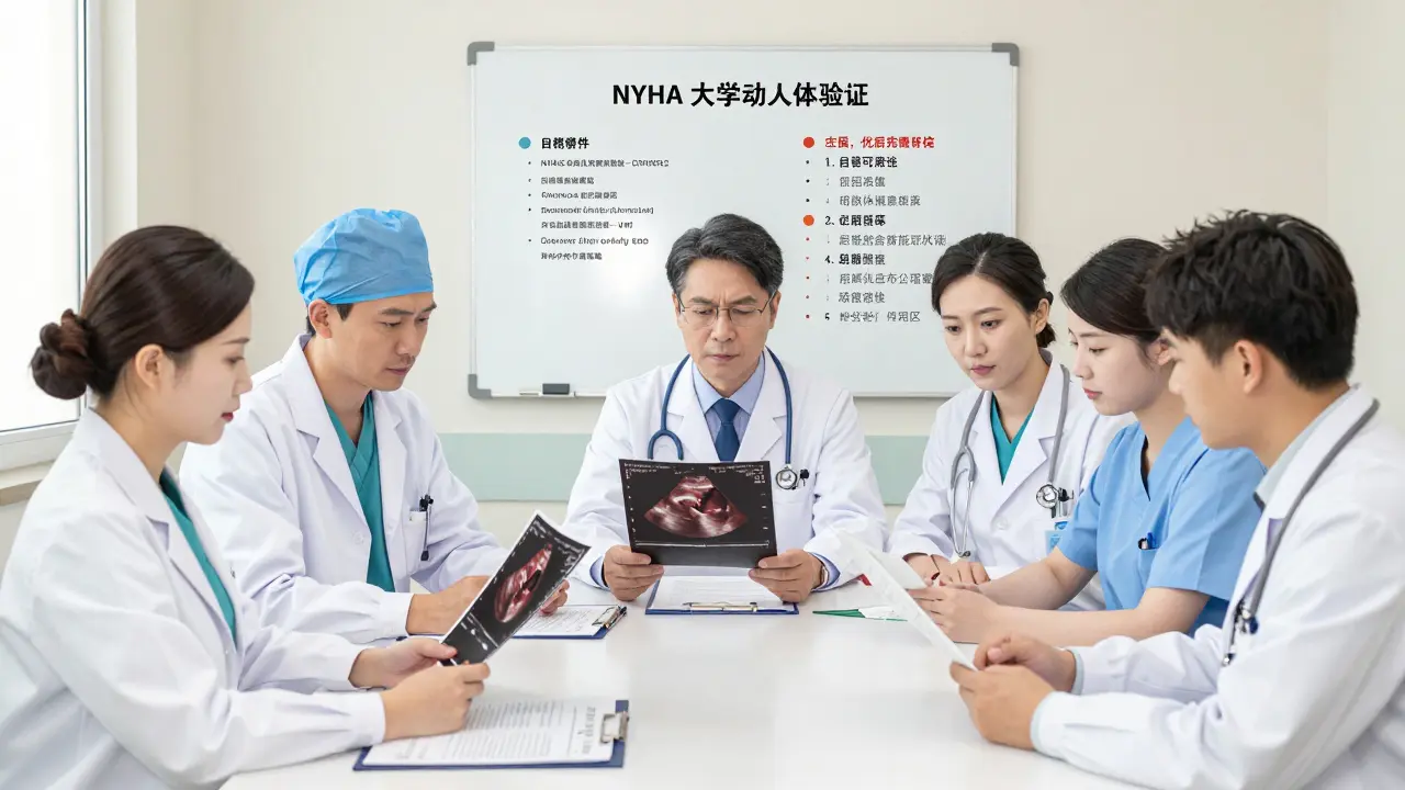 Tým lékařů hodnotí pacienta pro transplantaci srdce na konferenci.