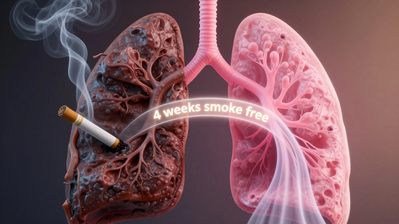 Zdravé plicní tkáně vpravo kontrastují s poškozenými plicemi vlevo, symbolizující účinek přestání kouřit.