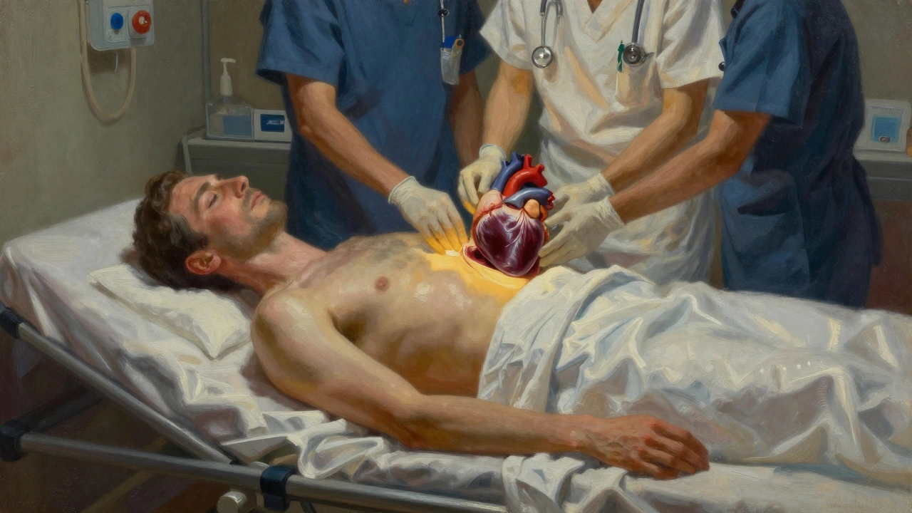 Zemřelý dárcův srdce je opatrně připravováno k přenosu.