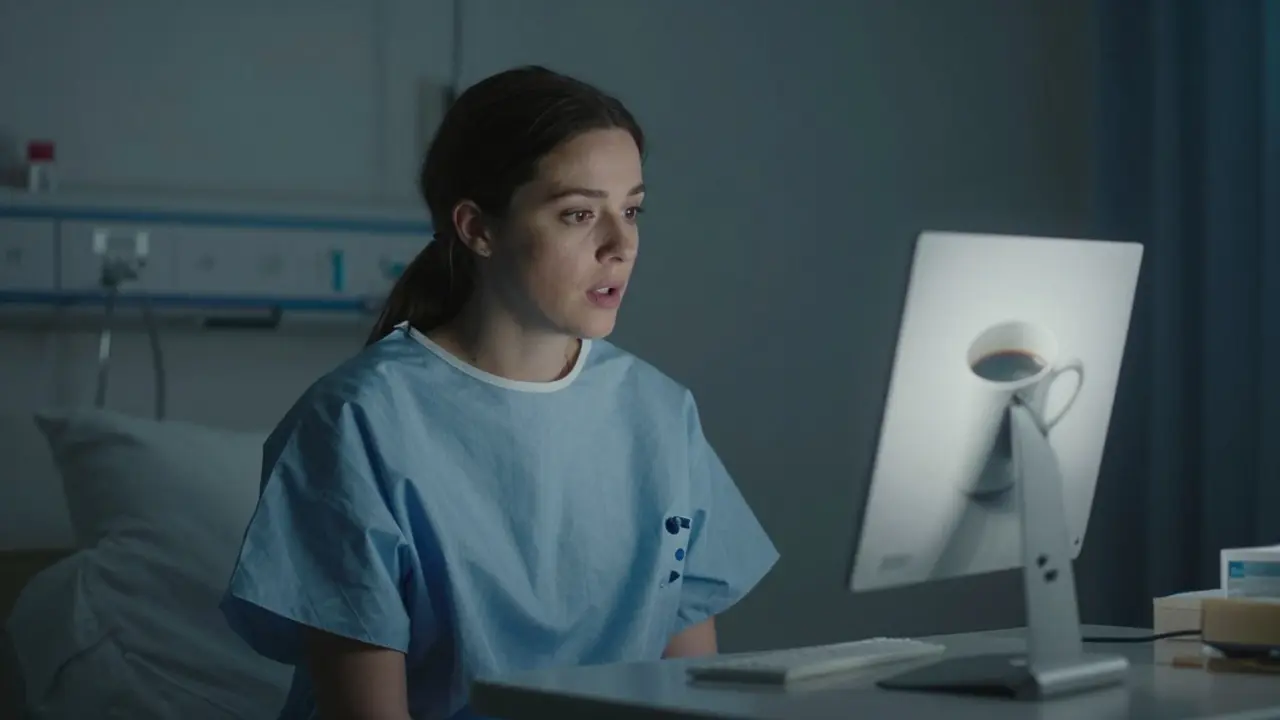 Žena v nemocnici se snaží říct slovo, ale slova se nevydávají, před ní je obrázek kávy.