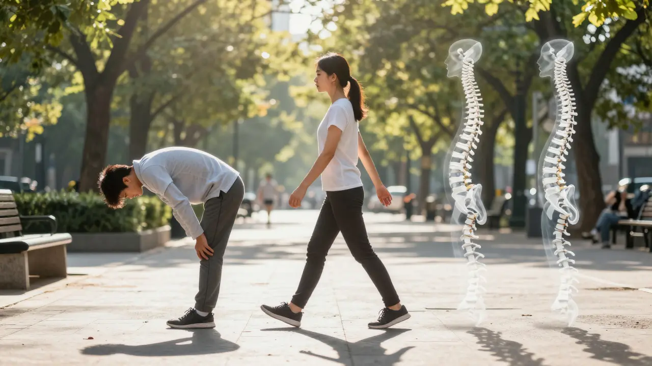 Člověk chodí v parku s přirozenou postavou, symbolizující obnovu páteře.
