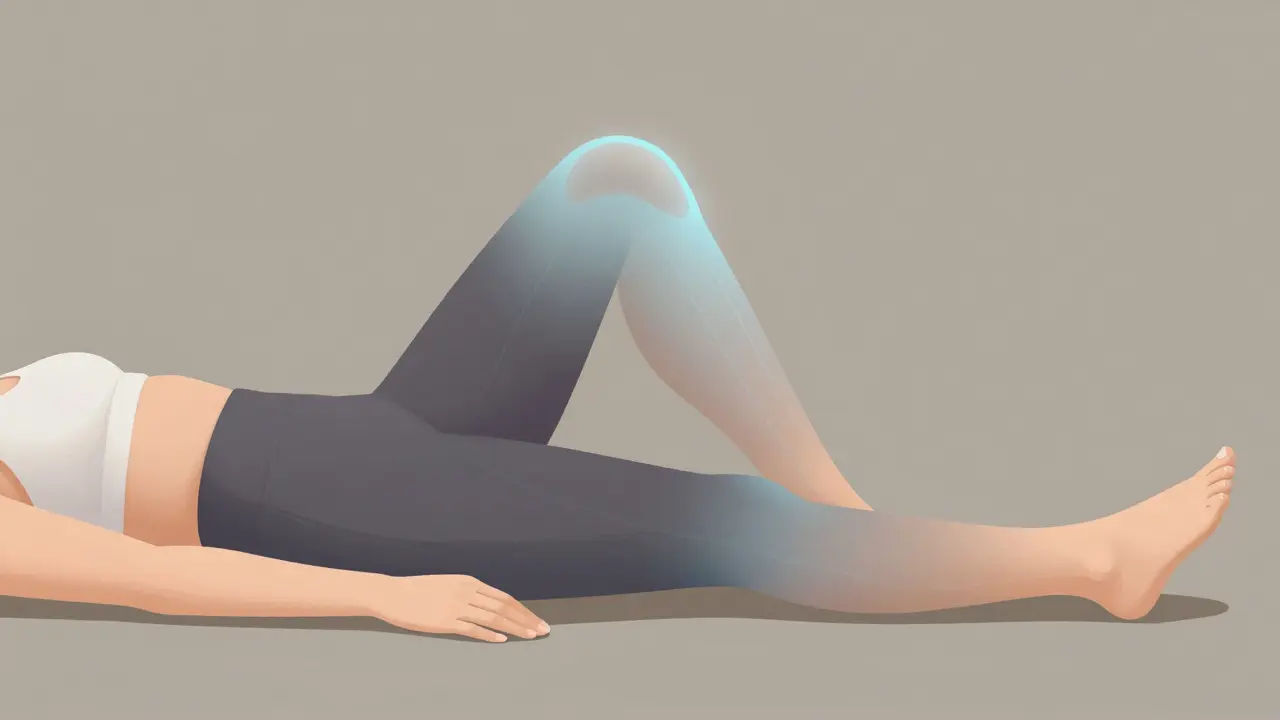 Člověk provádí jemné cvičení kolena ležící na zemi s pomalým posuvem paty.