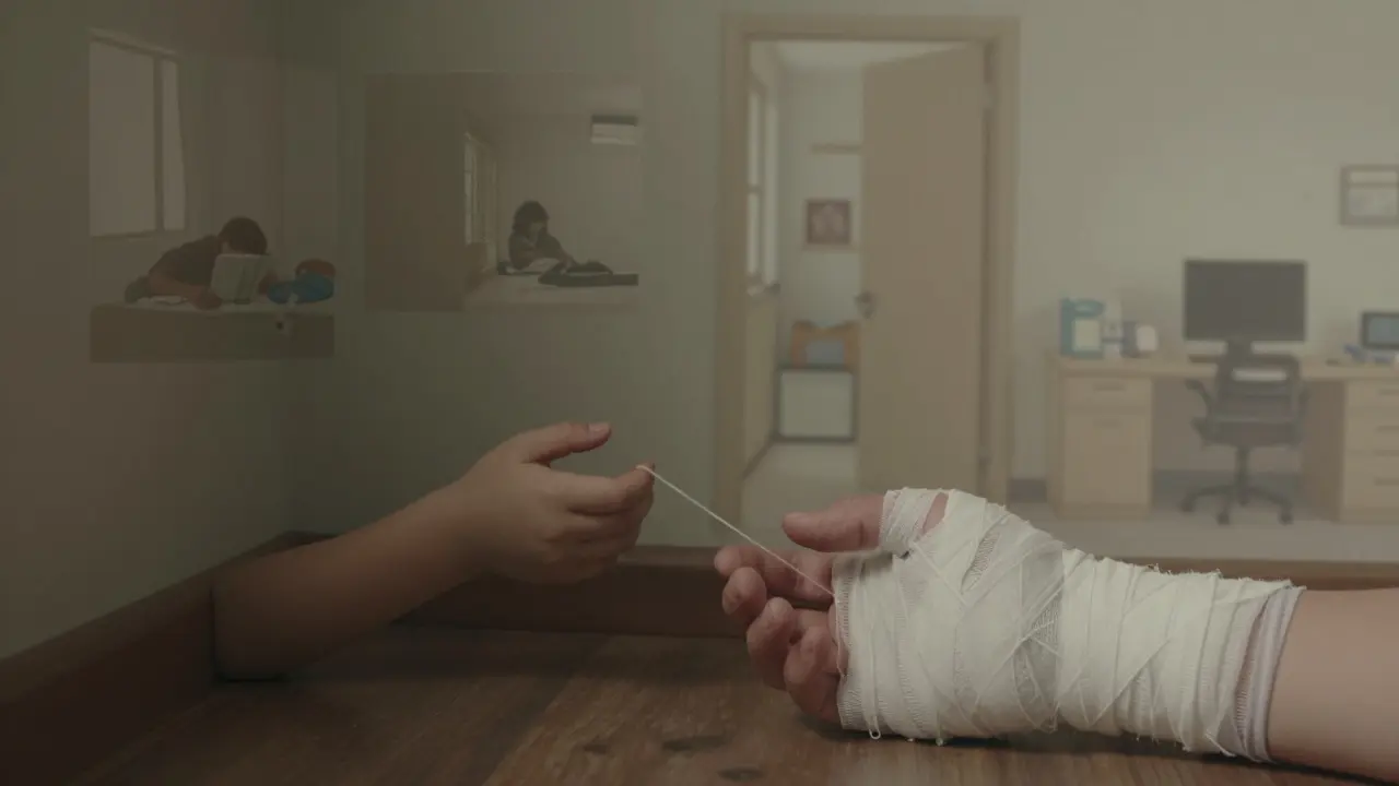 Dítě v stínu táhne za zářící nit, která vede k dospělé ruce v bandážích — znázorňuje dětské trauma a jeho následky.