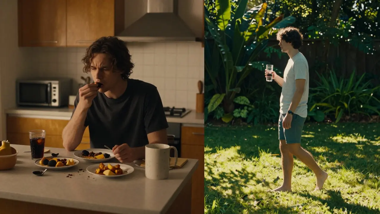 Dvě části kuchyně: jedna s nezdravým snídaněm, druhá s člověkem jdoucím po trávě po večeři.