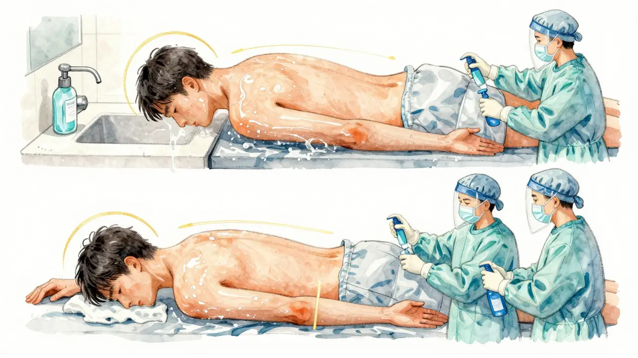 Dvě vrstvy ochrany: domácí mytí a nemocniční příprava proti infekci před operací.