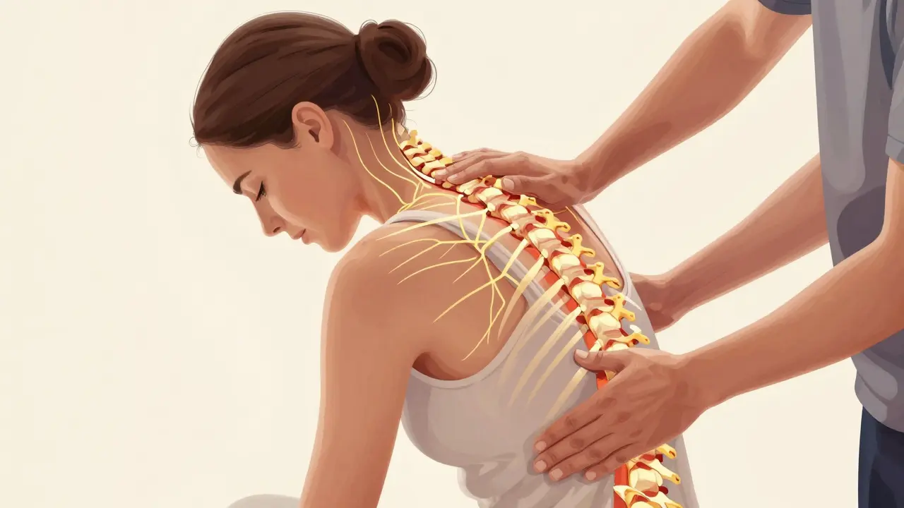Fyzioterapeut ručně uvolňuje napětí v páteři pacientky s chronickou bolestí zádů.