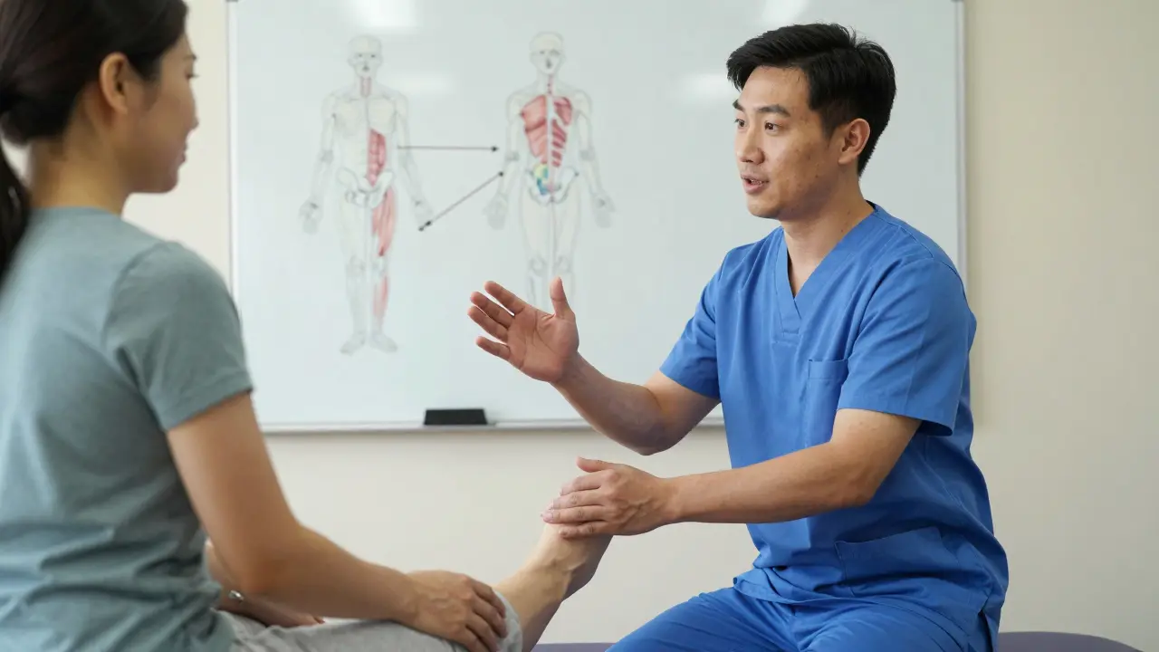 Fyzioterapeut vysvětluje pacientovi cvik s využitím gest a očního kontaktu, bez zařízení na pozadí.