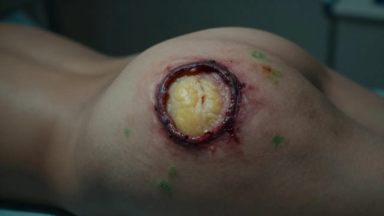 Hluboká rána na boku s viditelnou tukovou vrstvou a černými okraji, známka pokročilé vyhřezlé ploténky.