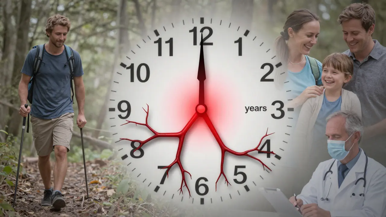 Hodiny s krevními cévami jako ručičkami ukazujícími 15 a 20 let přežití.