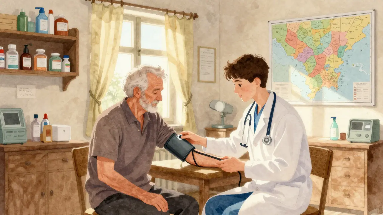 Lékař v malé venkovské ambulanci vyšetřuje starší pacienta.