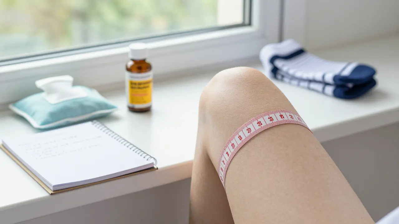 Měření obvodu kolena páskou s poznámkami a přírodními prostředky na pozadí.