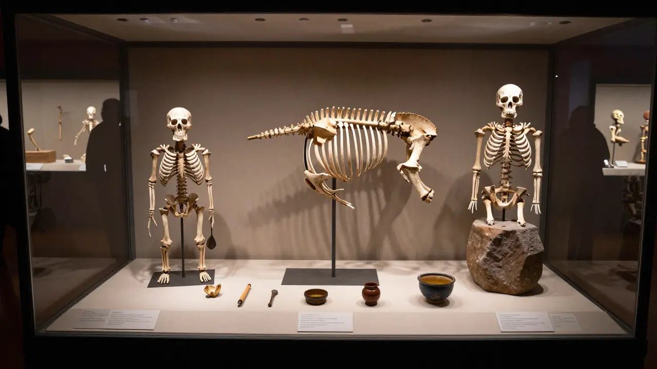 Muzejní výstava s trepanovanými lebkami a kamennými nástroji z antiky.