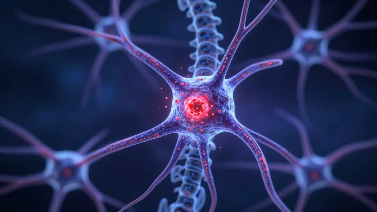 Nervová buňka s toxickými částicemi a poškozenými proteiny, vykreslená v temných tónách s červenými výbuchy v prostředí míchy.