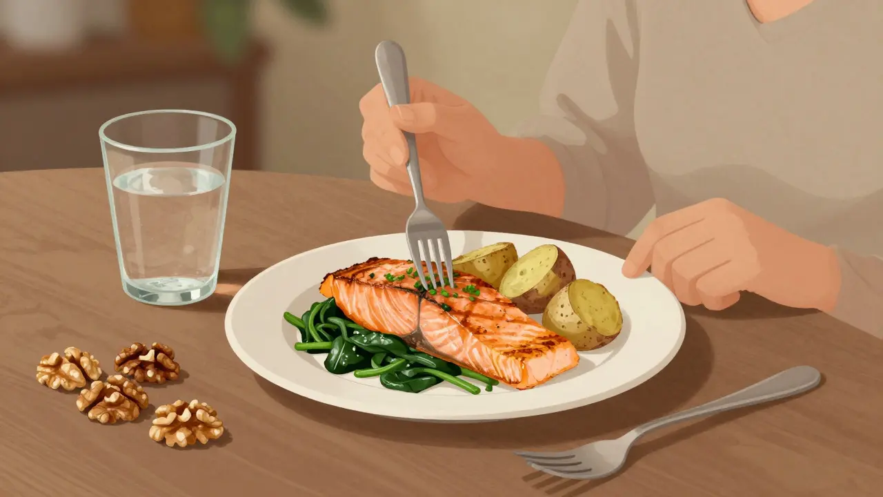 Osoba jí rybu se špenátem a bramborami u stolu, vedle sklenice vody a ořechy.