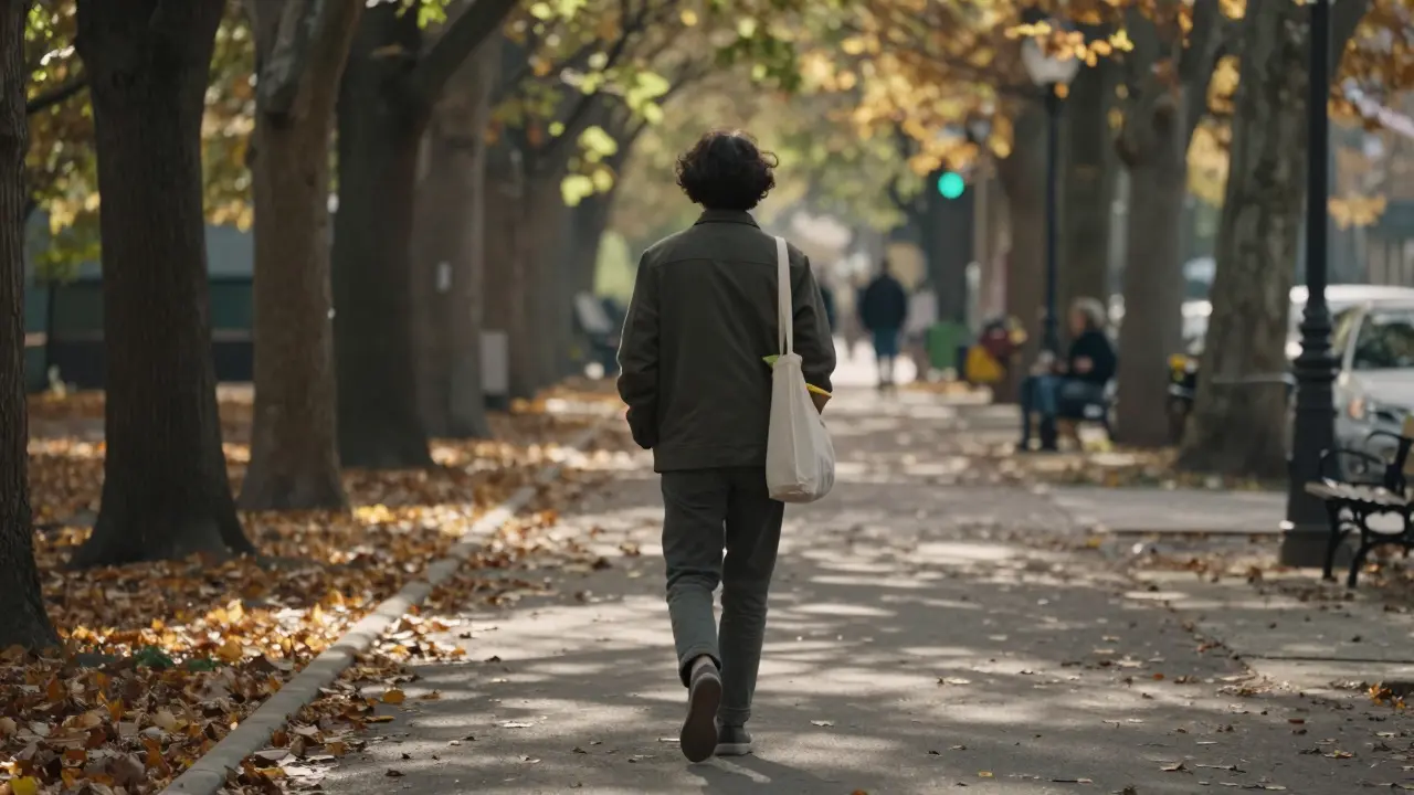 Osoba se prochází v parku bez telefonu, listí padá, večerní slunce osvětluje cestu.