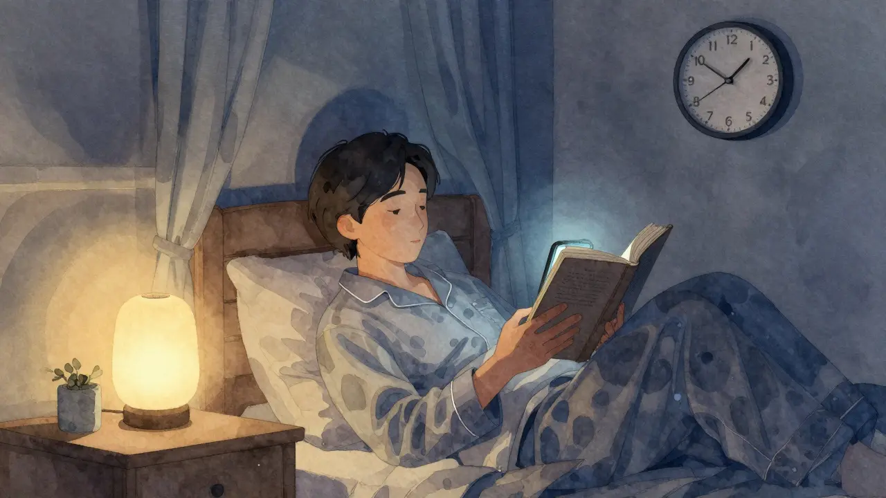 Osoba v pyžamu zapíná lampu a čte knihu, telefon je pryč, večer v klidné místnosti.