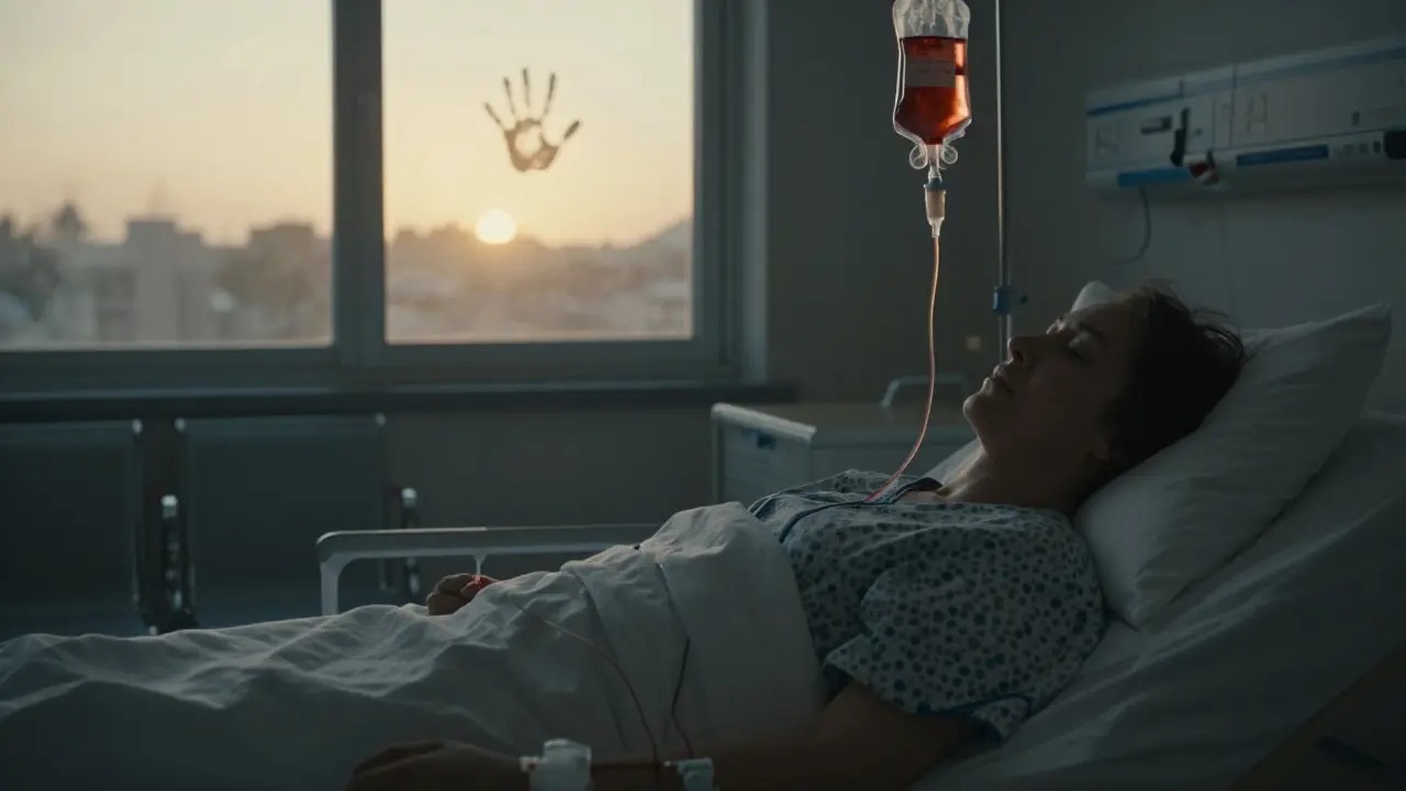 Pacient při převodu kostní dřeně v nemocničním pokoji