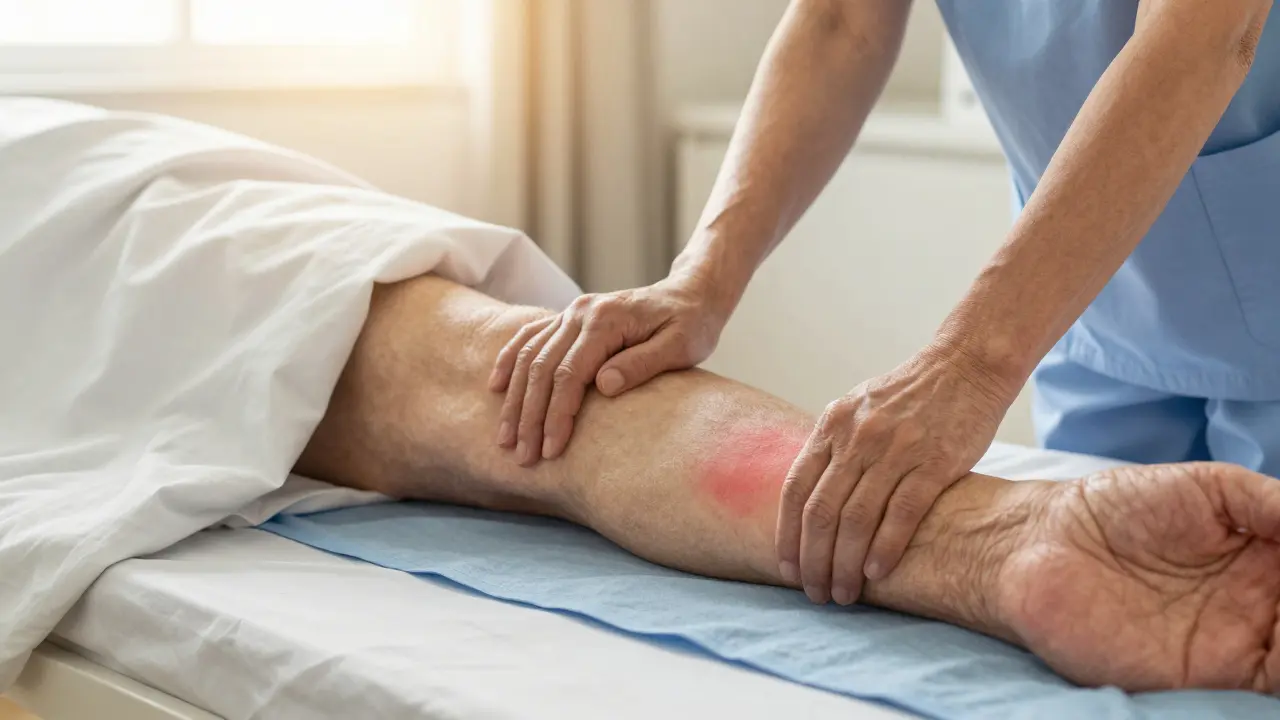 Péče o starého pacienta – pečovatel jej převrací v posteli, viditelná proti-dekubitová matrace.