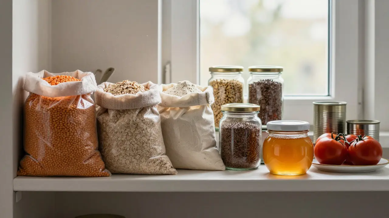 Polička s hromadnými zdravými potravinami jako čočka, ovesné vločky a semínka