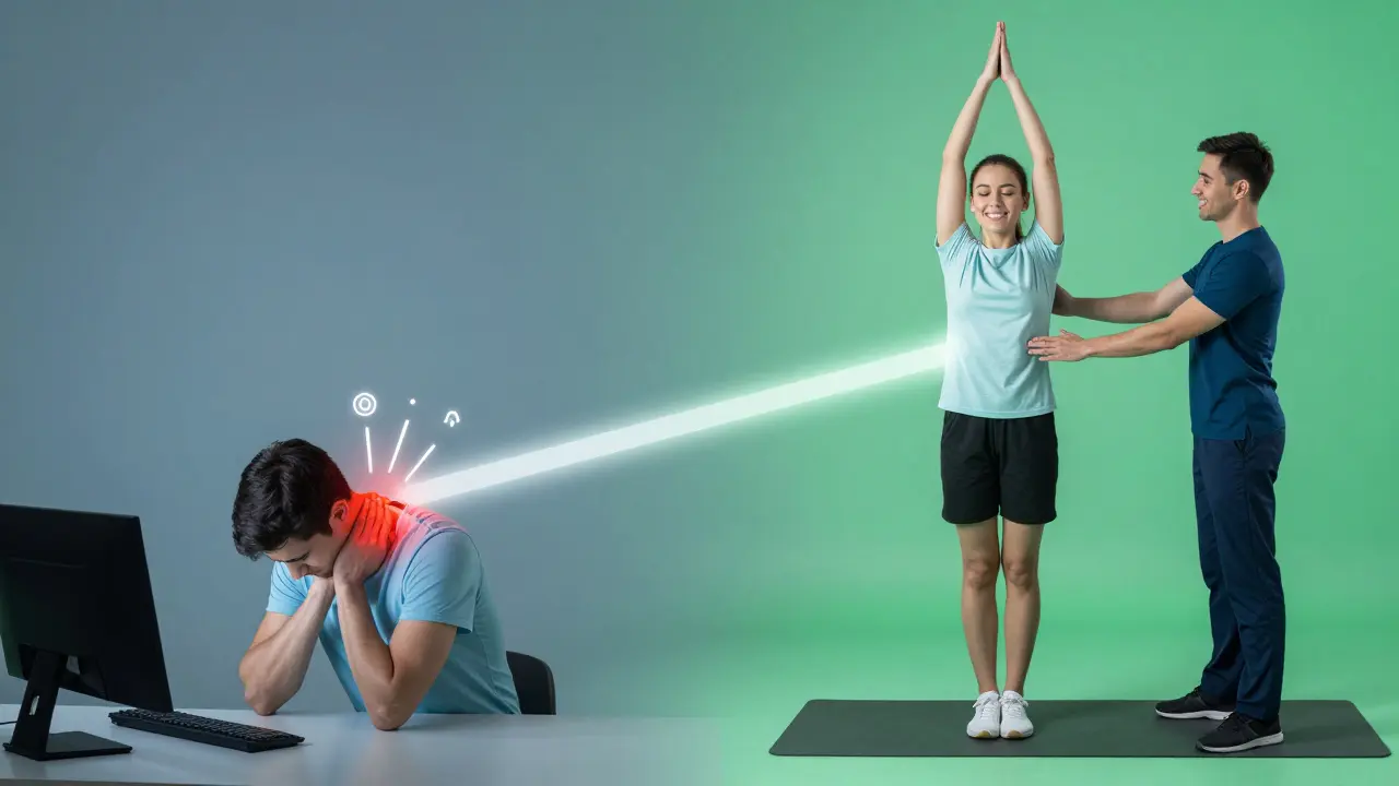 Před a po: pacient přechází od bolestivého držení těla k aktivnímu pohybu.