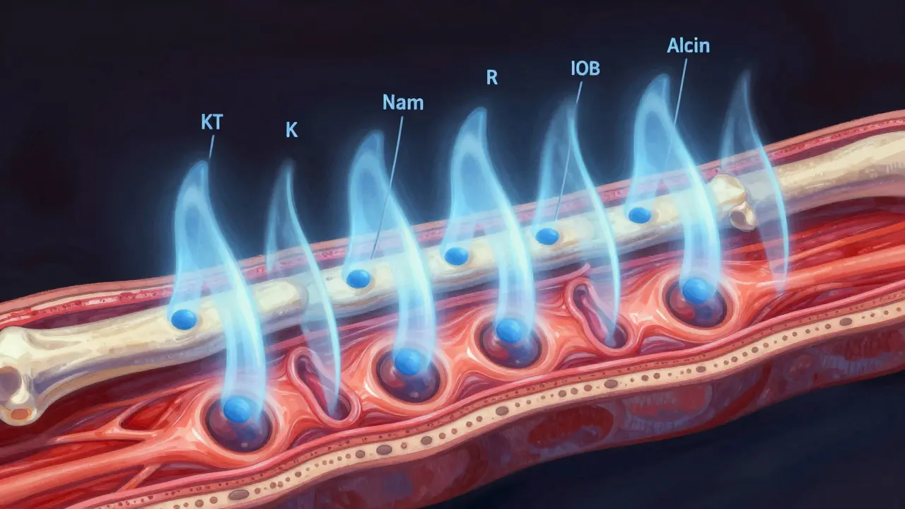 Přehled tkáně pod pulzním magnetickým polem s vyznačenými ionty a zlepšeným krevním oběhem.