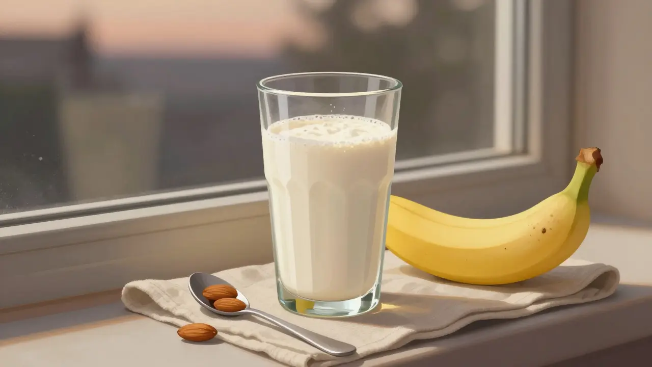 Proteinový koktejl s vodou, banánem a oříšky ve večerní atmosféře
