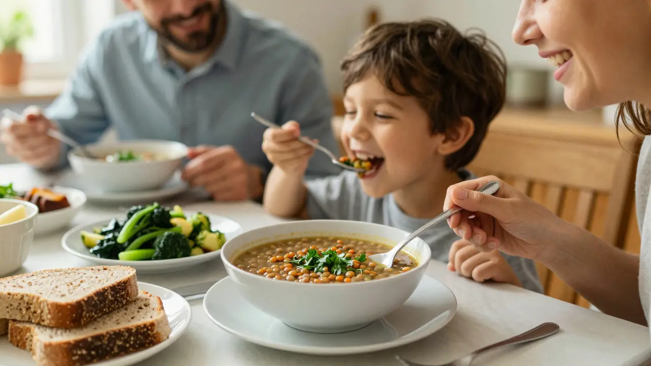 Rodina si společně jí oběd z čočkové polévky a zeleniny v pokojovém prostředí