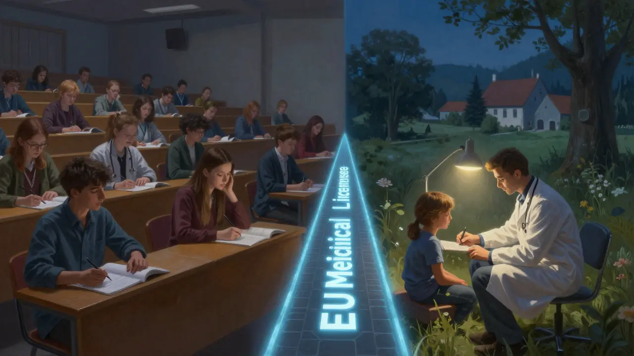 Rozdělená scéna: přijímačky v Bratislavě a praxe na venkově v Slovensku.