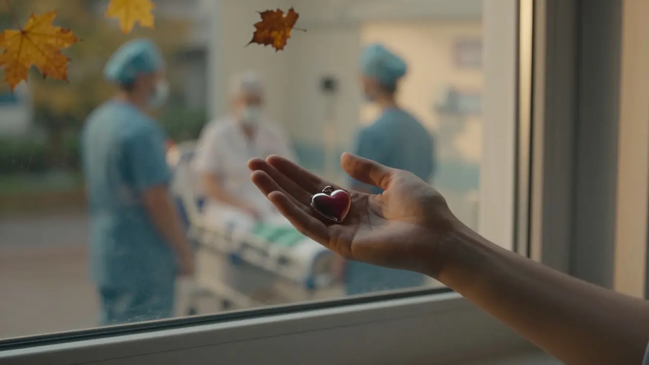 Ruka drží malý srdcovitý amulet u okna nemocnice, za ním padají listí a pohybuje se personál.
