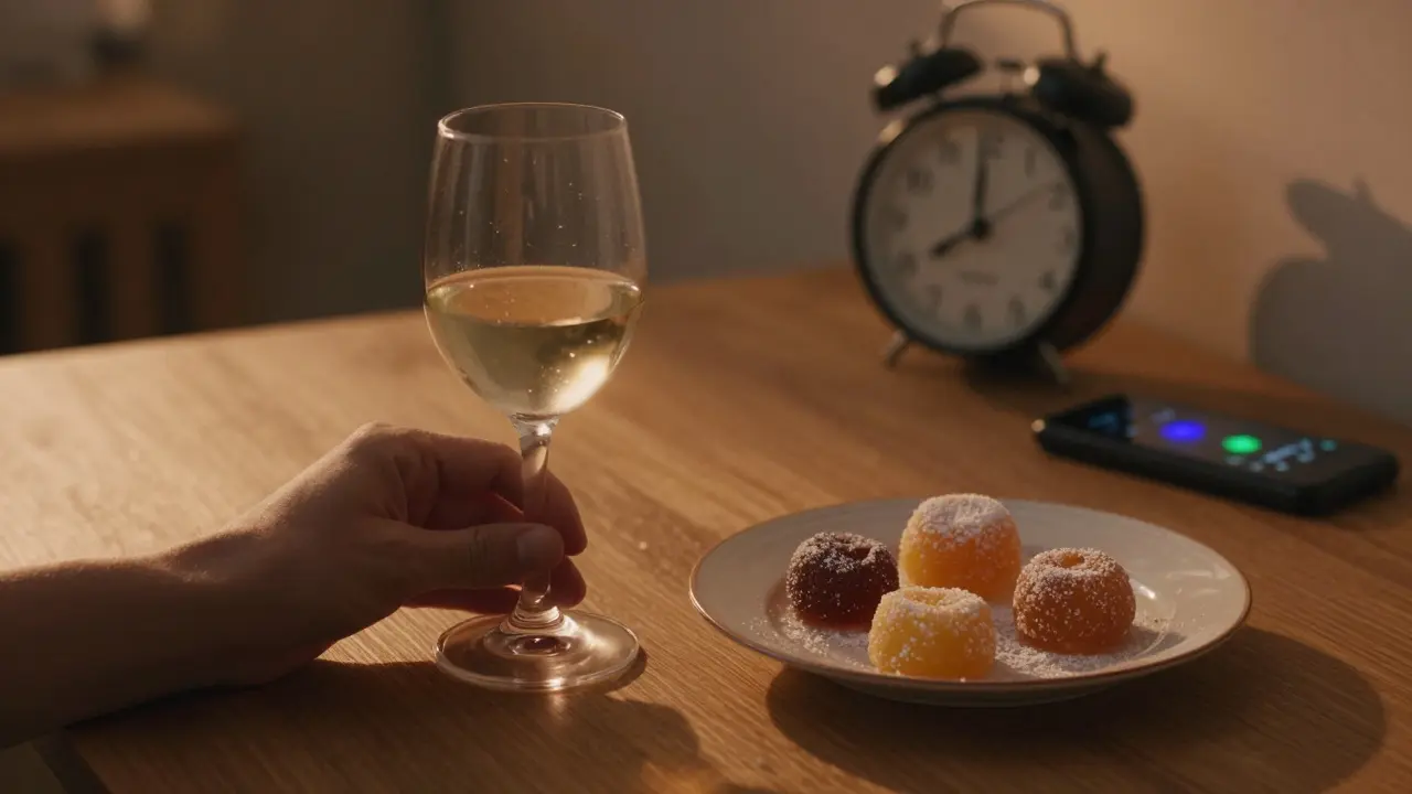 Ruka drží sklenici vína vedle sladkého dezertu a blikajícího telefonu.