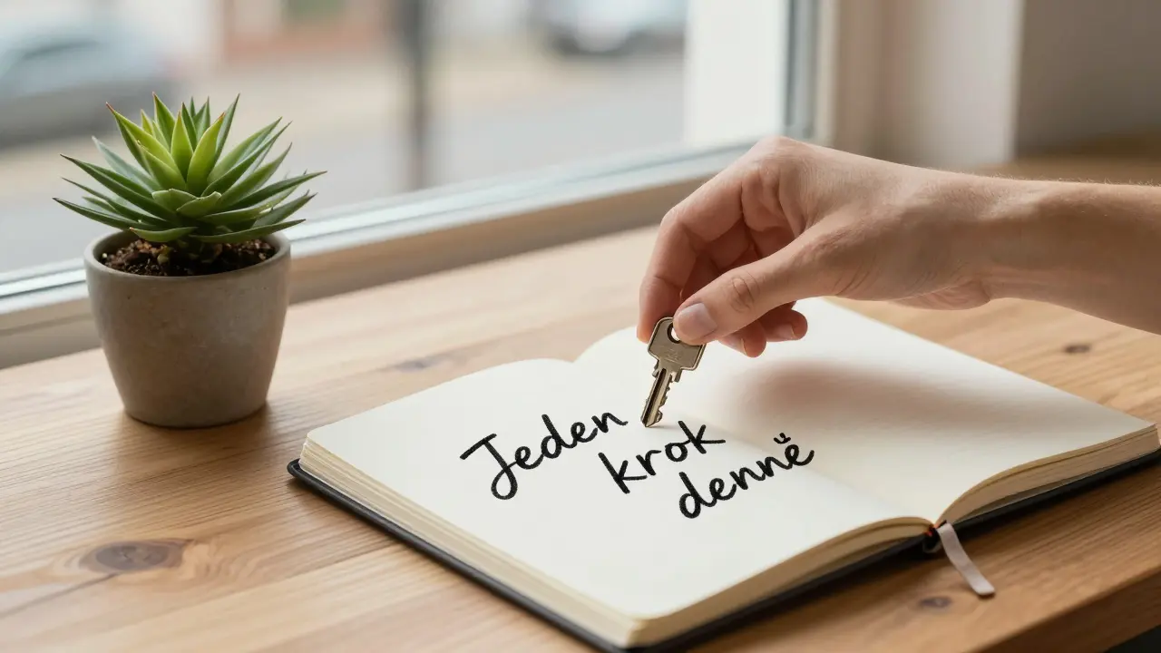 Ruka kladoucí klíč na stůl vedle rostliny a sešitu s nápisem 'Jeden krok denně'.