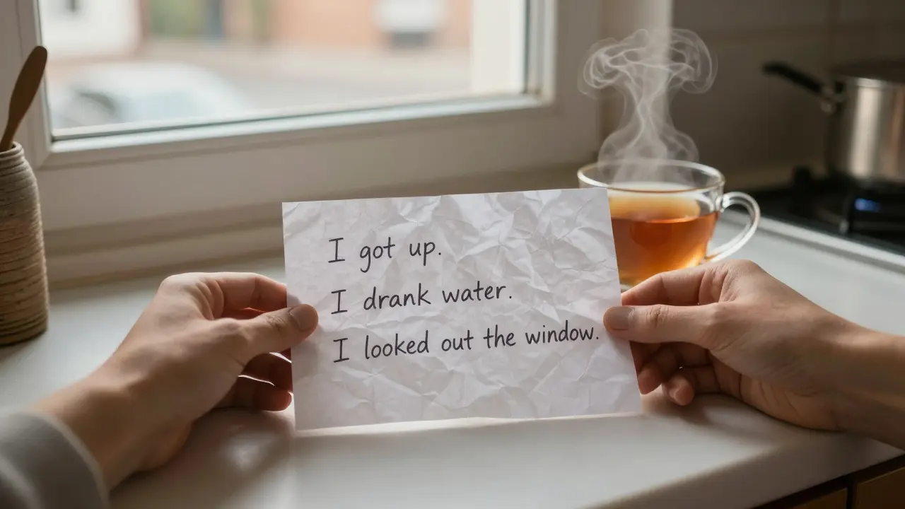 Ruka položí na stůl papír s třemi řádky, vedle něj čaj, světlo z okna.