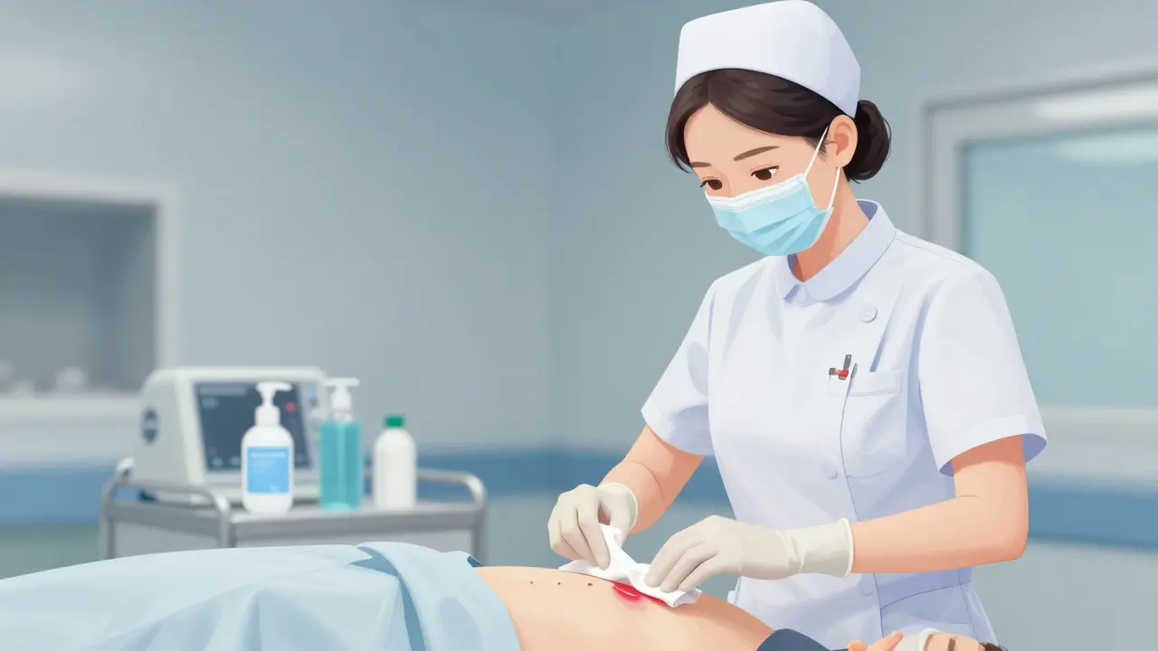 Sestra čistí chirurgickou oblast pacienta sterilními plenkami před operací v nemocnici.