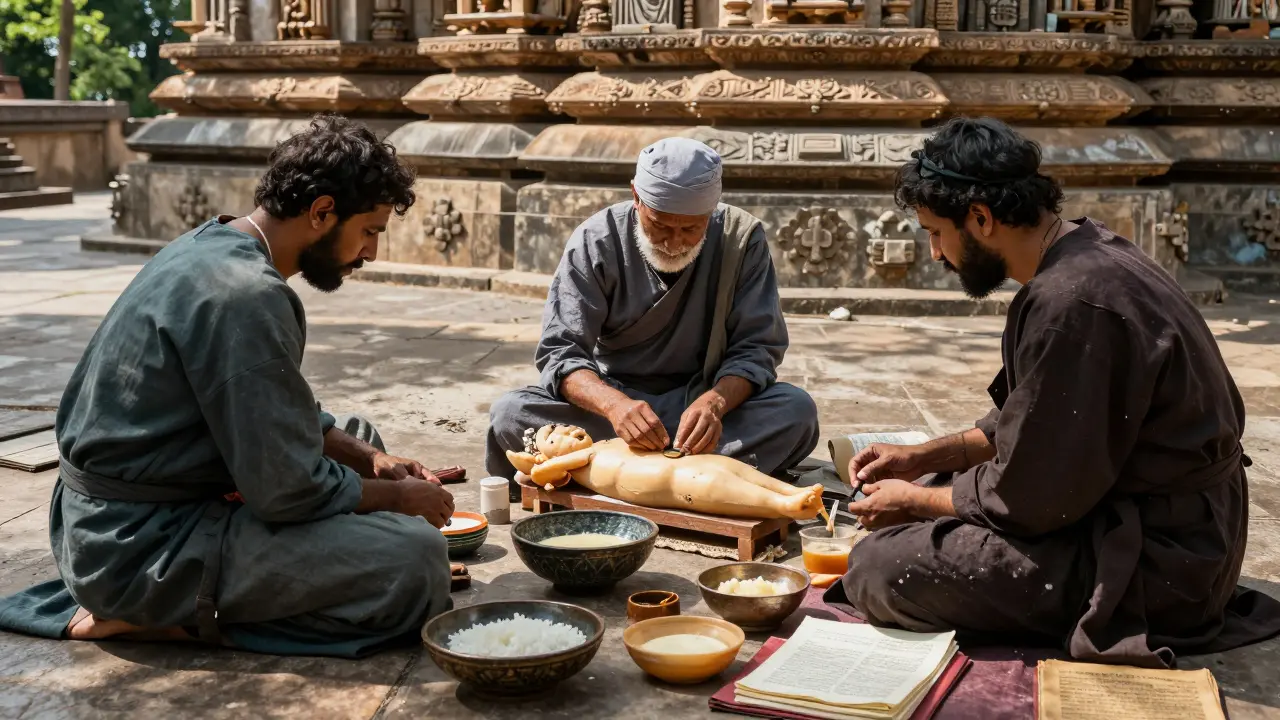Starověký chirurg Šusruta provádí první rhinoplastiku s přírodními léky.