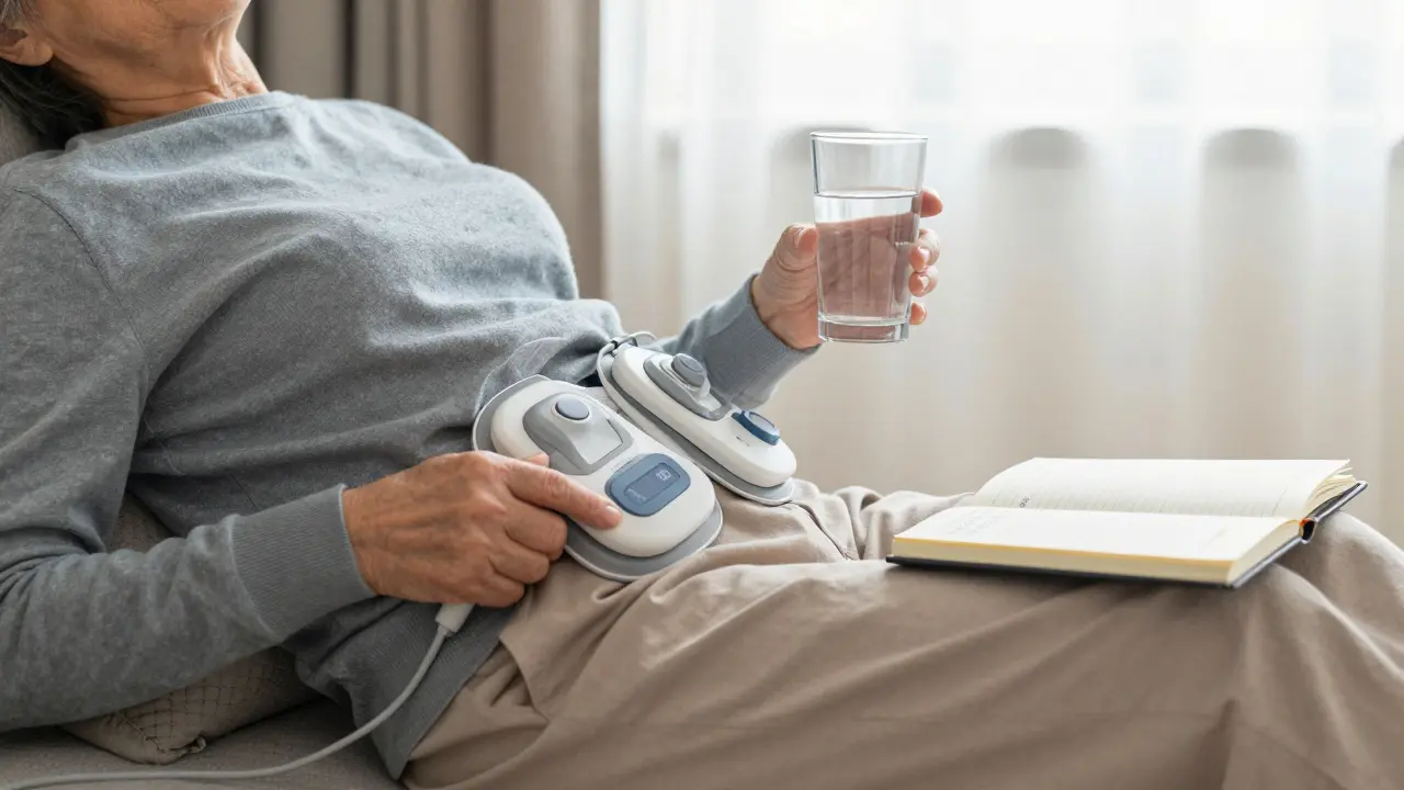 Starší pacient používá certifikované zařízení doma po magnetoterapii, pije vodu a sleduje pokrok.