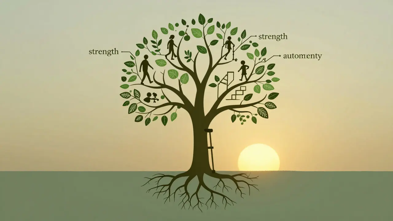 Strom rostoucí z křížku, jeho větve představují obnovu pohybu a nezávislost pod zlatým západem slunce.