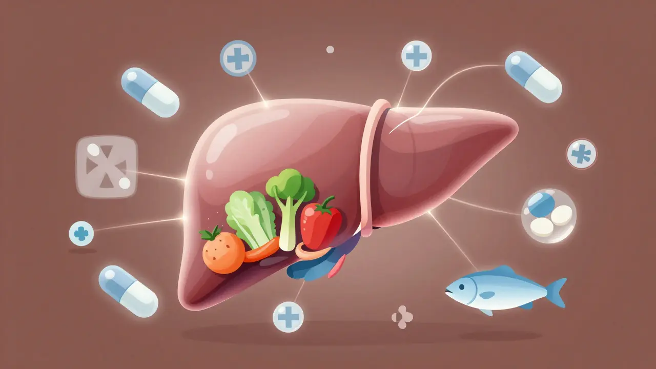 Transplantované játro s léky a zdravými potravinami spojenými světelnými linkami.