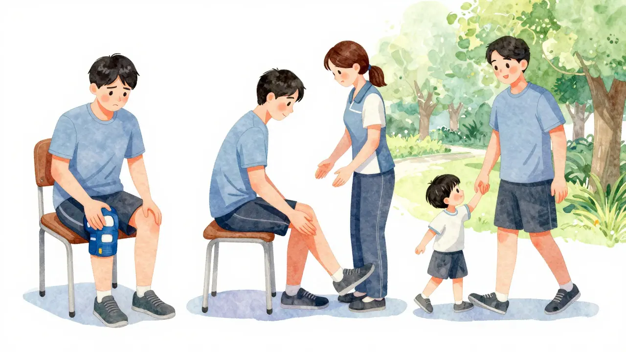 Tři fáze zotavení: bolest, terapie a volnost — znázorněny jemnou vodovou barvou v jednom obrazu.