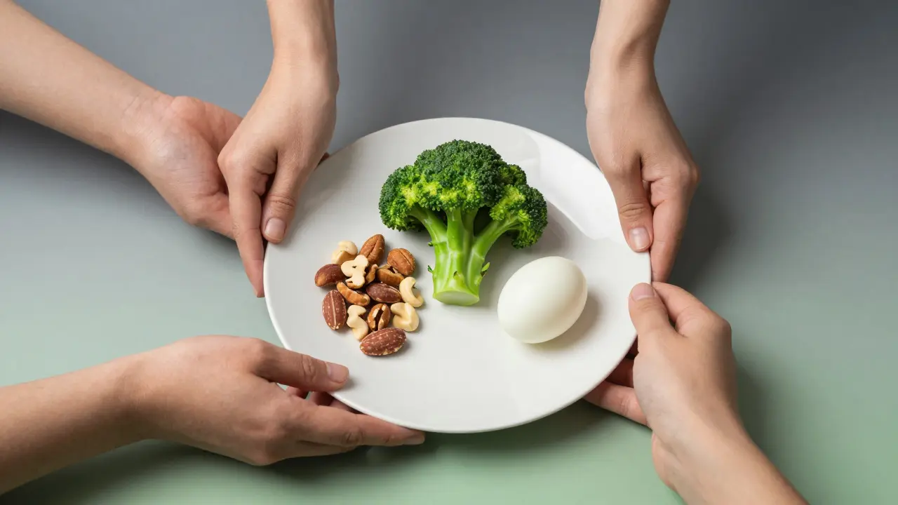 Tři ruce kladou na talíř ořechy, brokolici a vejce — základy zdravé výživy.